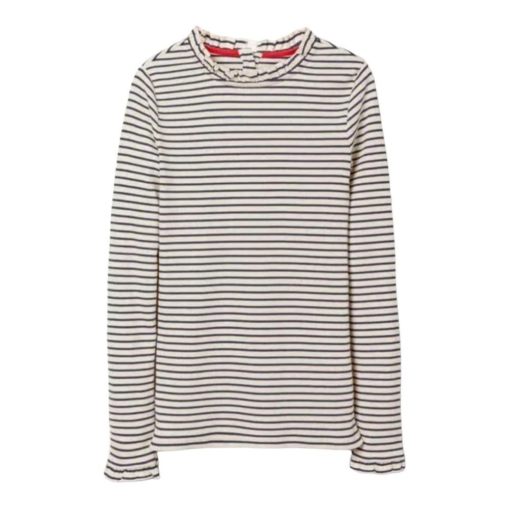 Boden Ruffle Neck Elisa Ribbed Knit Top Navy White Stripe UK 6 US 2